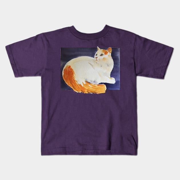 Orange and white longhair cat on purple Kids T-Shirt by HelenDBVickers